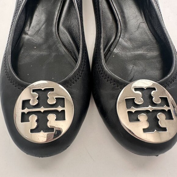 Tory Burch Classic Minnie Leather Travel Ballet Flat Black and Silver Size 7 - Picture 2 of 7